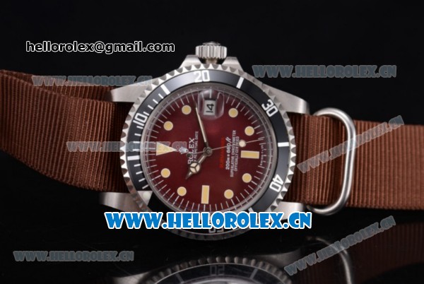 Rolex Submariner Vintage Asia 2813 Automatic Steel Case Red Dial Dot Markers and Brown Nylon Strap - Click Image to Close